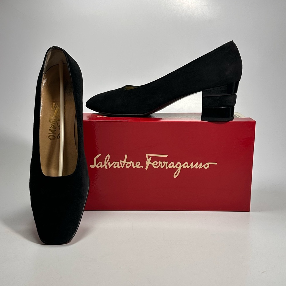 Salvatore Ferragamo Party Black Suede Heels Accent Heels Size 9.5B Classic